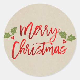 Merry Christmas Red Faux Foil Modern Script Kraft Classic Round Sticker