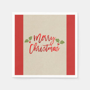 Merry Christmas Red Faux Foil Modern Script Kraft Napkins