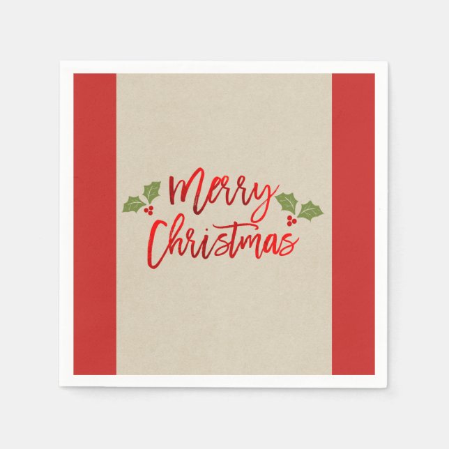Merry Christmas Red Faux Foil Modern Script Kraft Napkins (Front)