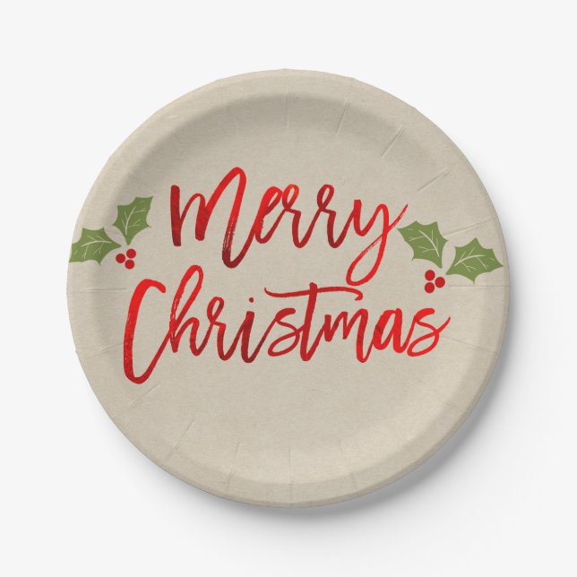 Merry Christmas Red Faux Foil Modern Script Kraft Paper Plates (Front)