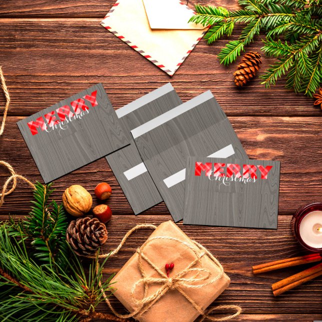 Merry Christmas Red Festive Plaid Script On Wood Envelope (Creator Uploaded)