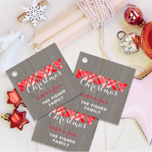 Merry Christmas Red Festive Plaid Script On Wood Favor Tags