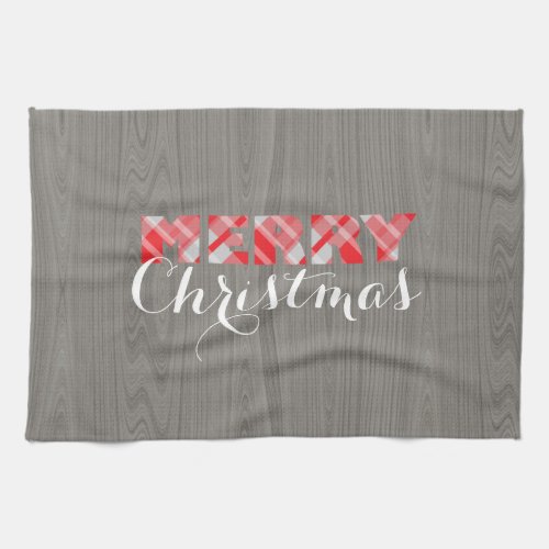 Merry Christmas Red Festive Plaid Script On Wood Kitchen Towel