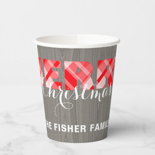 Merry Christmas Red Festive Plaid Script On Wood Paper Cups