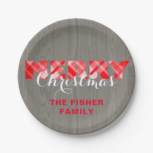 Merry Christmas Red Festive Plaid Script On Wood  Paper Plates