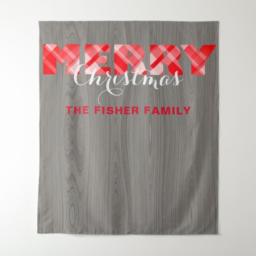 Merry Christmas Red Festive Plaid Script On Wood Tapestry