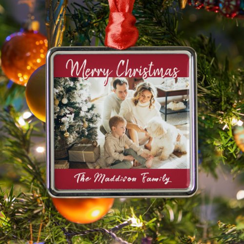 Merry Christmas Red Festive Script Family Photo Metal Ornament
