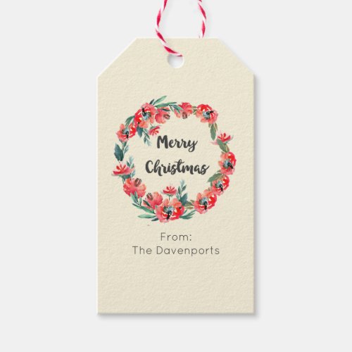 Merry Christmas Red Floral Holiday Wreath Custom Gift Tags