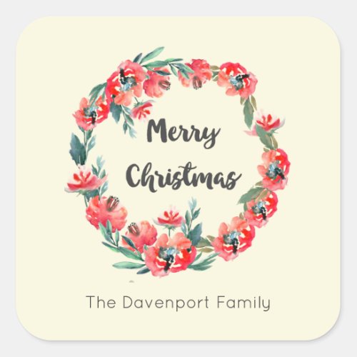 Merry Christmas Red Floral Holiday Wreath Custom Square Sticker