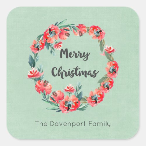 Merry Christmas Red Floral Holiday Wreath Custom Square Sticker