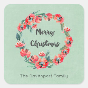 Merry Christmas Red Floral Holiday Wreath Custom Square Sticker
