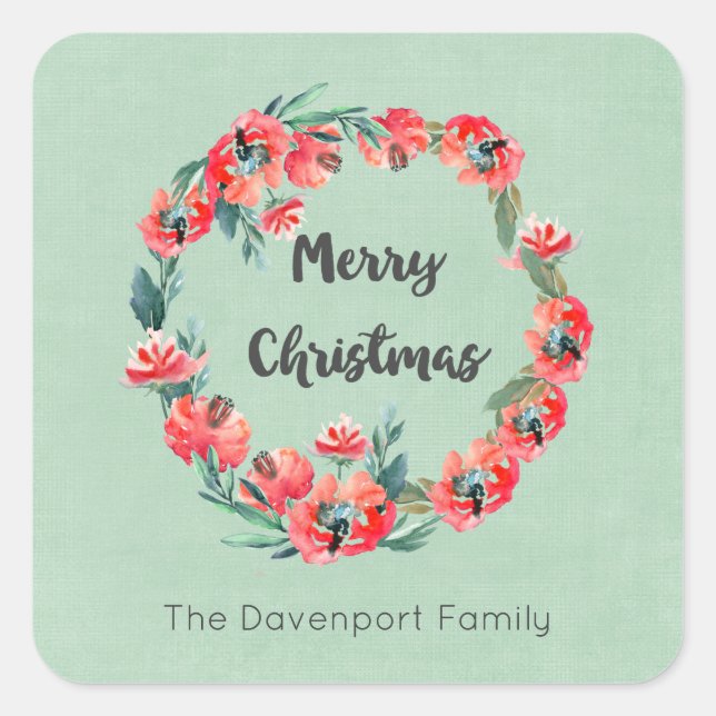 Merry Christmas Red Floral Holiday Wreath Custom Square Sticker (Front)