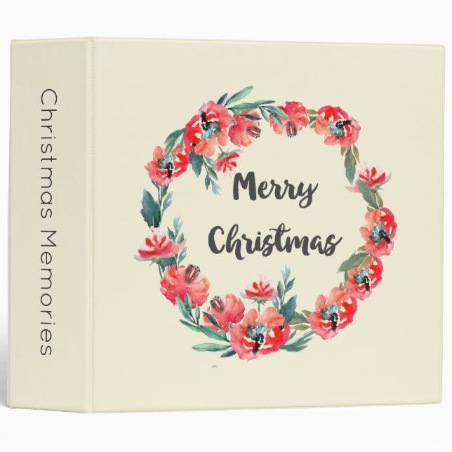 Merry Christmas Red Floral Holiday Wreath Memories 3 Ring Binder (Front/Spine)