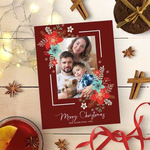 Merry Christmas Red Floral Holidays Photo Postcard