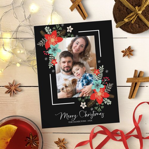 Merry Christmas Red Floral On Black Holidays Photo Postcard