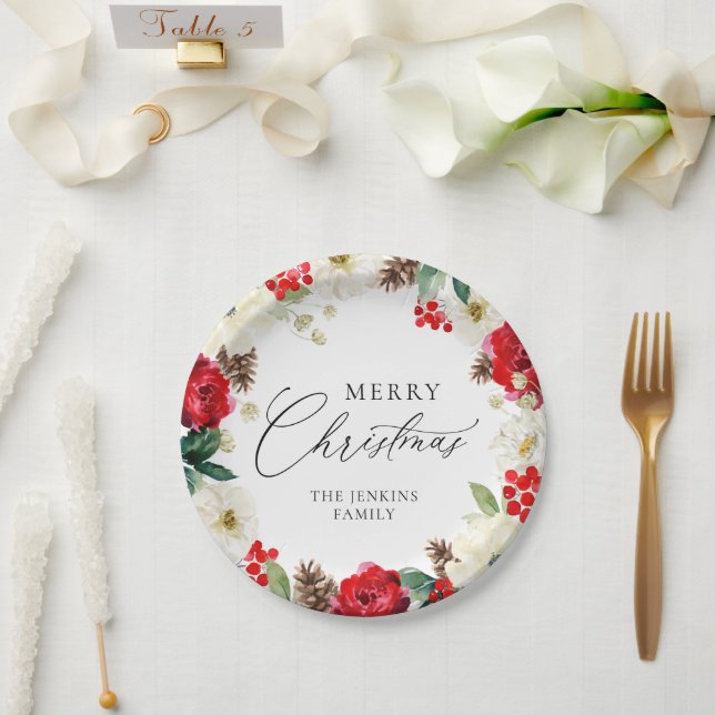 Merry Christmas Red Floral Personalized Paper Plates (Wedding)