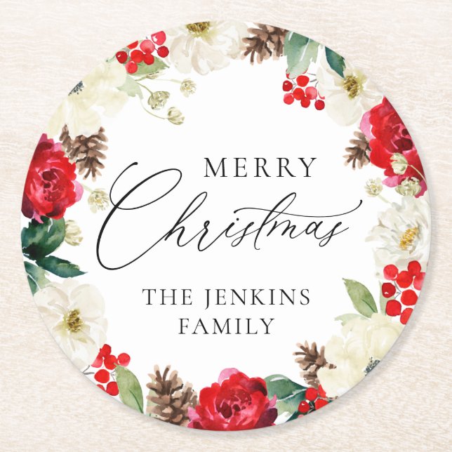 Merry Christmas Red Floral Personalized Round Paper Coaster (Front)