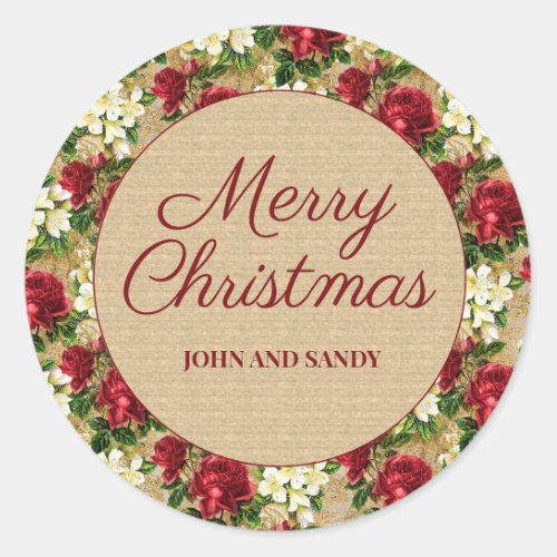 Merry Christmas Red Floral Rustic Vintage Name Classic Round Sticker
