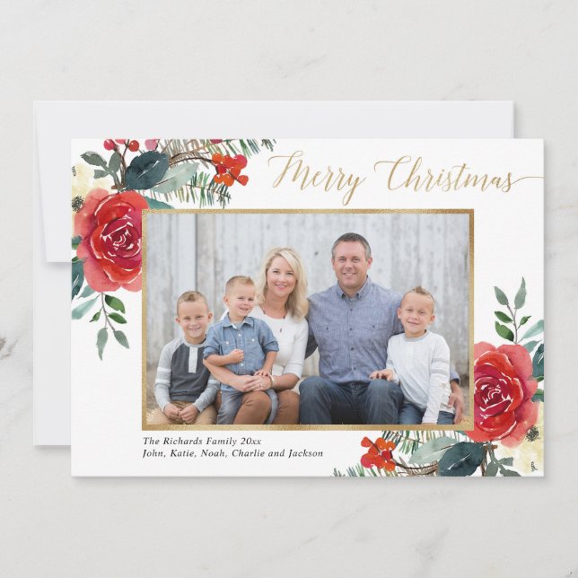 Merry Christmas red floral watercolor photo card (Front)