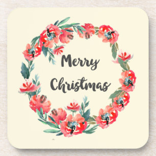 Merry Christmas Red Floral Watercolor Wreath Beverage Coaster