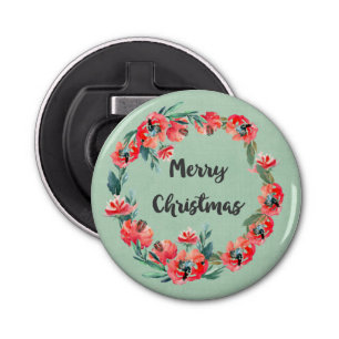 Merry Christmas Red Floral Watercolor Wreath Bottle Opener