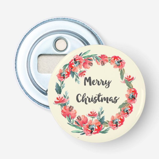 Merry Christmas Red Floral Watercolor Wreath Bottle Opener (Front)