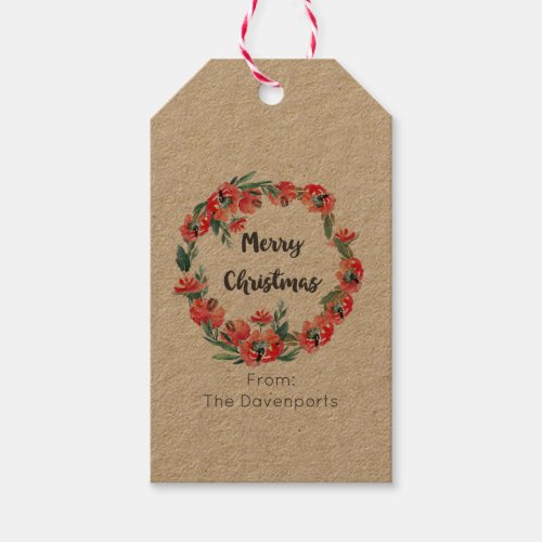 Merry Christmas Red Floral Watercolor Wreath Gift Tags