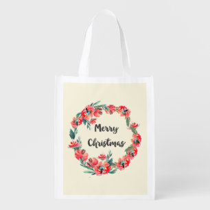 Merry Christmas Red Floral Watercolor Wreath Grocery Bag