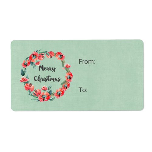 Merry Christmas Red Floral Watercolor Wreath Label