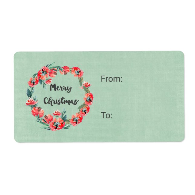 Merry Christmas Red Floral Watercolor Wreath Label (Front)