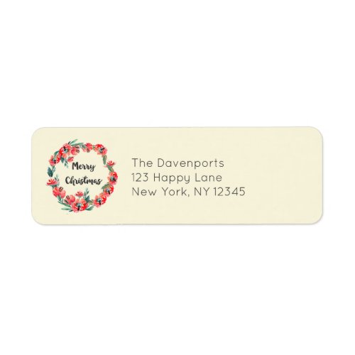 Merry Christmas Red Floral Watercolor Wreath Label