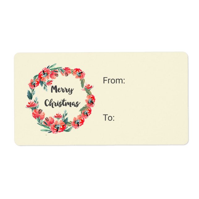 Merry Christmas Red Floral Watercolor Wreath Label (Front)