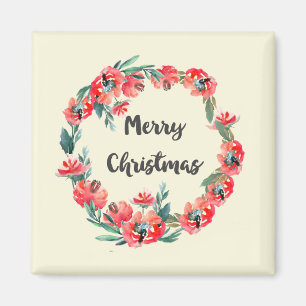 Merry Christmas Red Floral Watercolor Wreath Magnet