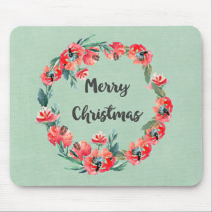 Merry Christmas Red Floral Watercolor Wreath Mouse Pad
