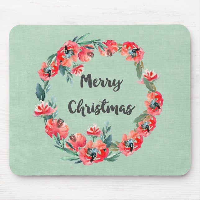 Merry Christmas Red Floral Watercolor Wreath Mouse Pad (Front)