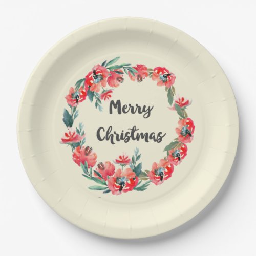Merry Christmas Red Floral Watercolor Wreath Paper Plates