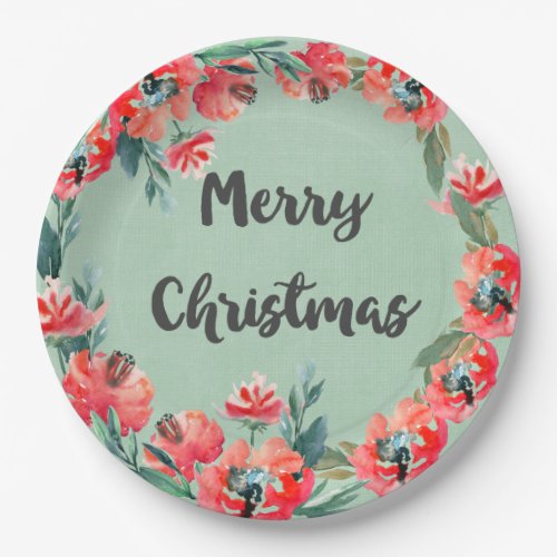 Merry Christmas Red Floral Watercolor Wreath Paper Plates