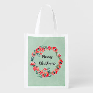 Merry Christmas Red Floral Watercolor Wreath Reusable Grocery Bag