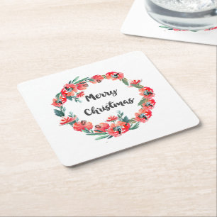 Merry Christmas Red Floral Watercolor Wreath Square Paper Coaster