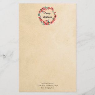 Merry Christmas Red Floral Watercolor Wreath Stationery