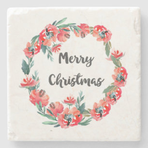 Merry Christmas Red Floral Watercolor Wreath Stone Coaster