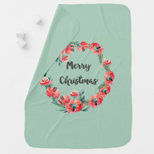 Merry Christmas Red Floral Watercolor Wreath Stroller Blanket
