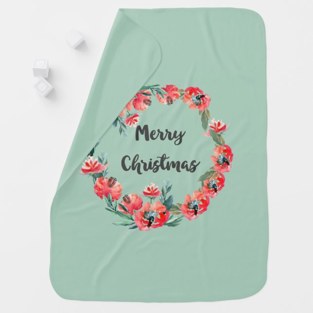 Merry Christmas Red Floral Watercolor Wreath Stroller Blanket (In Situ)
