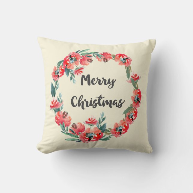 Merry Christmas Red Floral Watercolor Wreath Throw Pillow (Front)