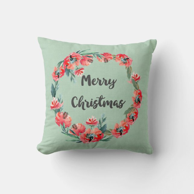 Merry Christmas Red Floral Watercolor Wreath Throw Pillow (Front)