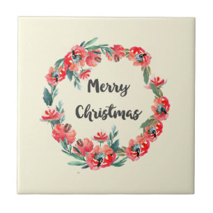 Merry Christmas Red Floral Watercolor Wreath Tile