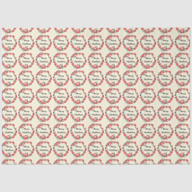Merry Christmas Red Floral Watercolor Wreath Tissue Paper (Front)