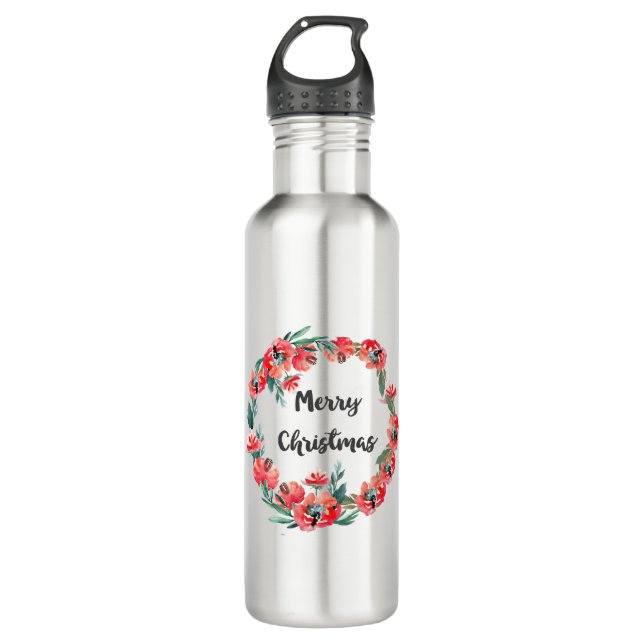 Merry Christmas Red Floral Watercolor Wreath Water Bottle (Front)