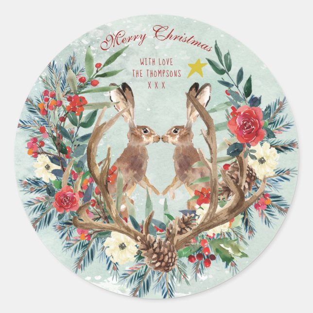 Merry christmas red floral winter hares classic round sticker (Front)