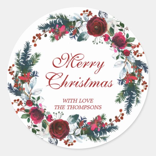 Merry christmas red floral wreath winter classic round sticker